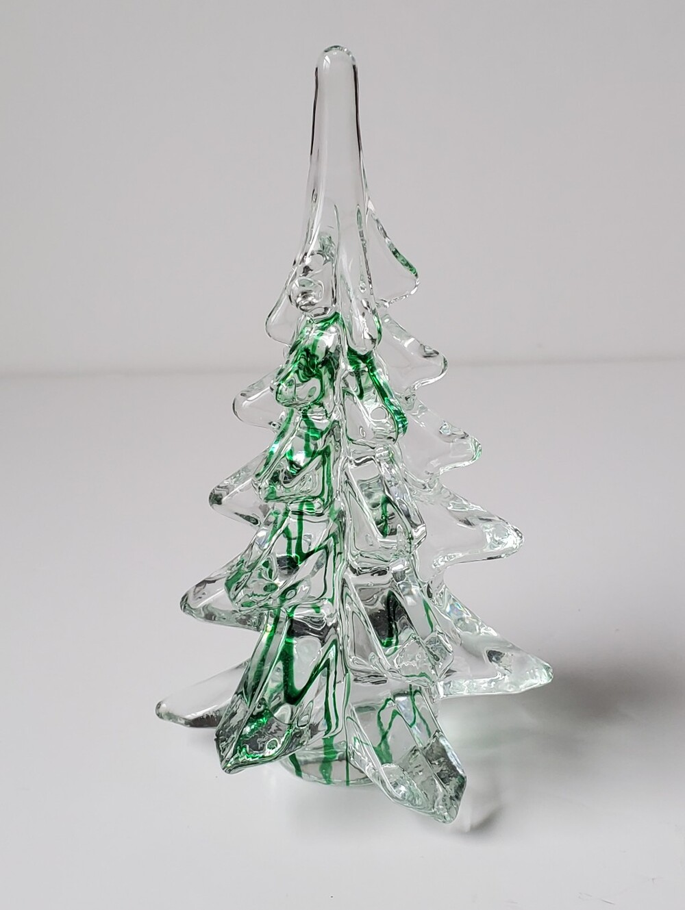 Vintage Art Glass Christmas Tree Clear With Green Ribbons Paperweight Decoration